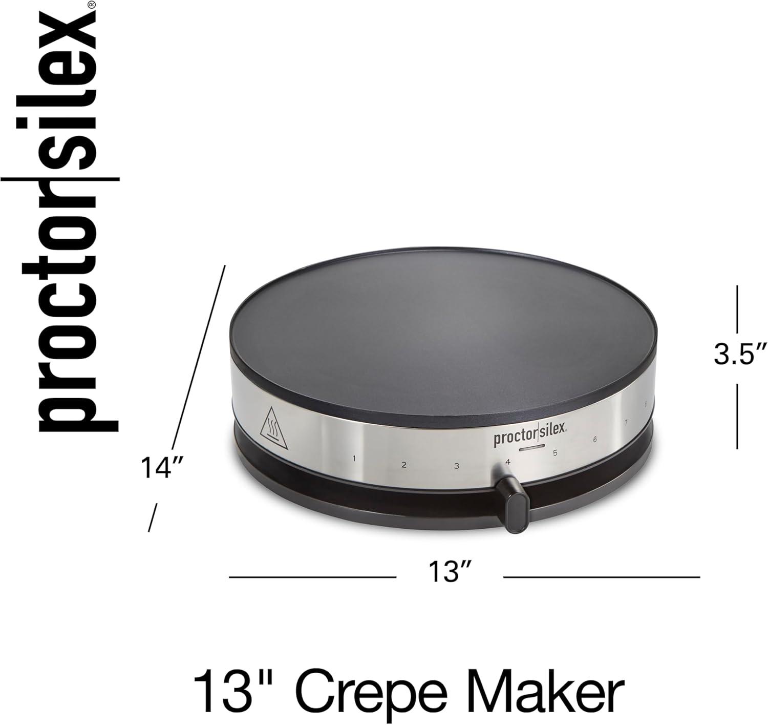 imageProctor Silex Electric Crepe Maker with 13 PFASFree Nonstick Griddle for Eggs Pancakes Omelets and Quesadillas with Temperature Control Spatula Spreader Batter Cup Stainless Steel 38400MN