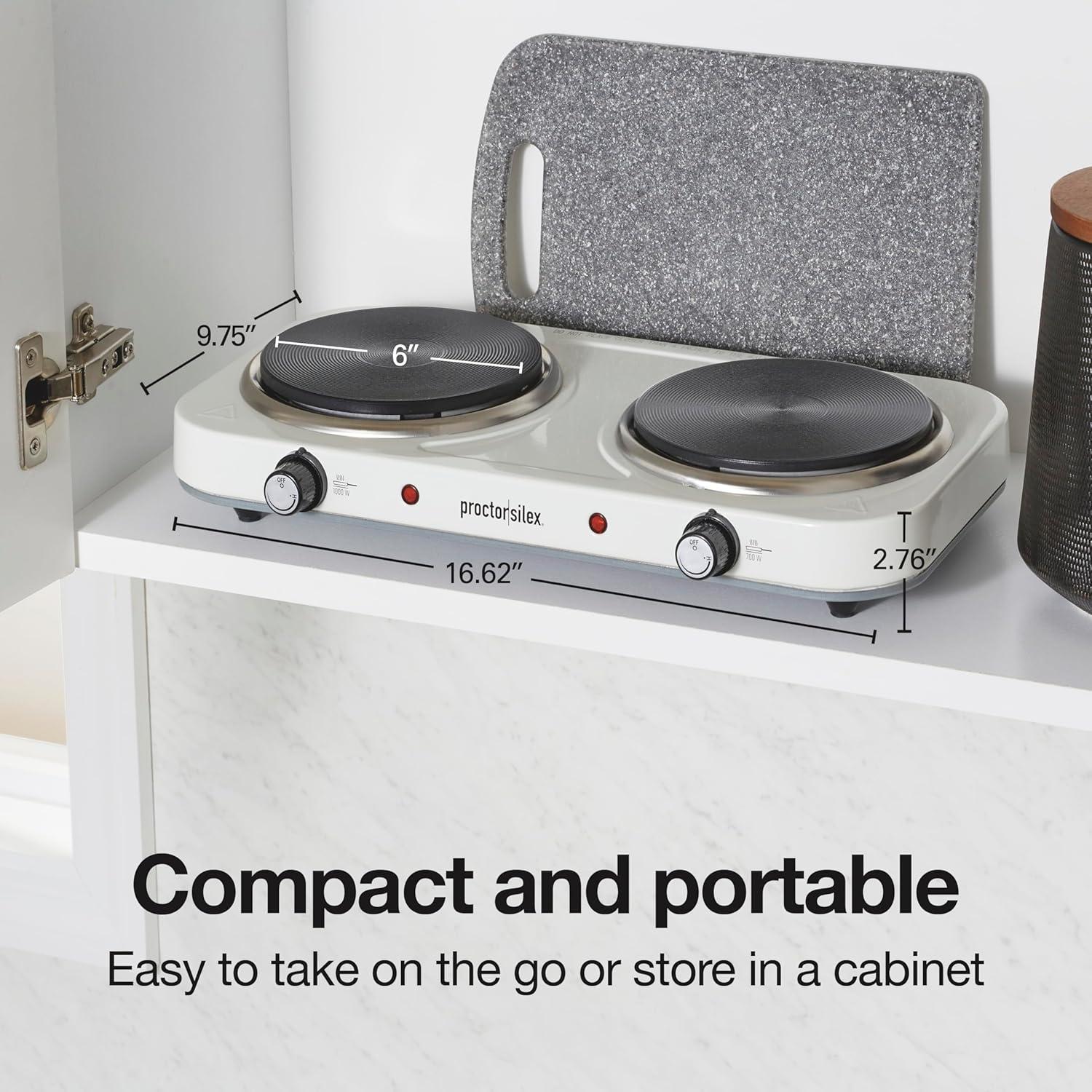 imageProctor Silex Portable Electric Stove Cast Iron Single Burner Cooktop Compact Adjustable Temperature Hot Plate 1000 Watts White 34107White