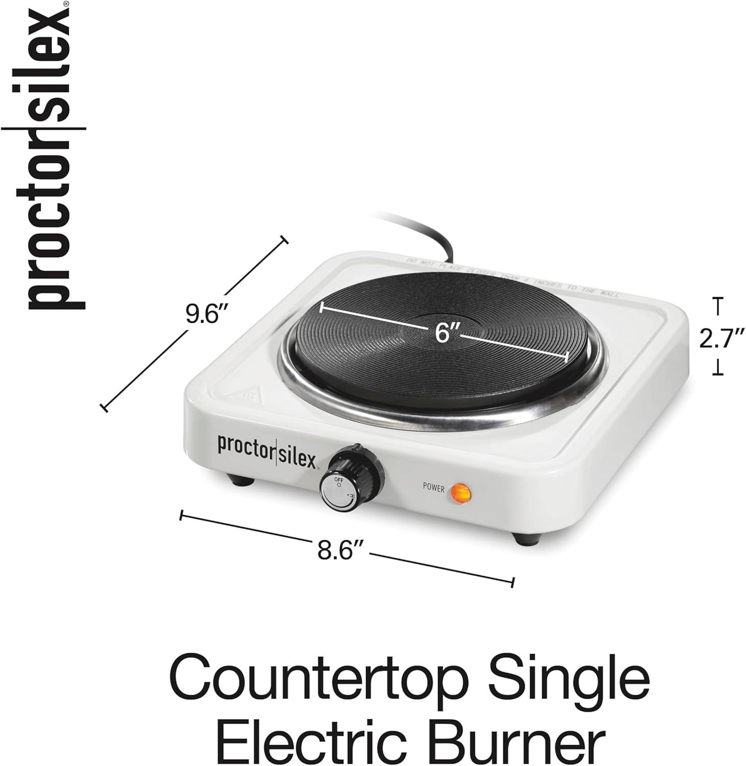 imageProctor Silex Portable Electric Stove Cast Iron Single Burner Cooktop Compact Adjustable Temperature Hot Plate 1000 Watts White 34107White