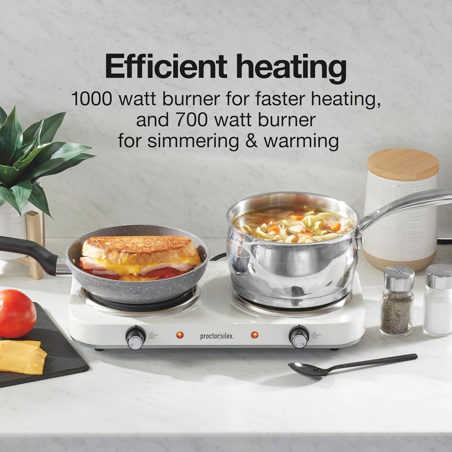 imageProctor Silex Portable Electric Stove Cast Iron Single Burner Cooktop Compact Adjustable Temperature Hot Plate 1000 Watts White 34107White