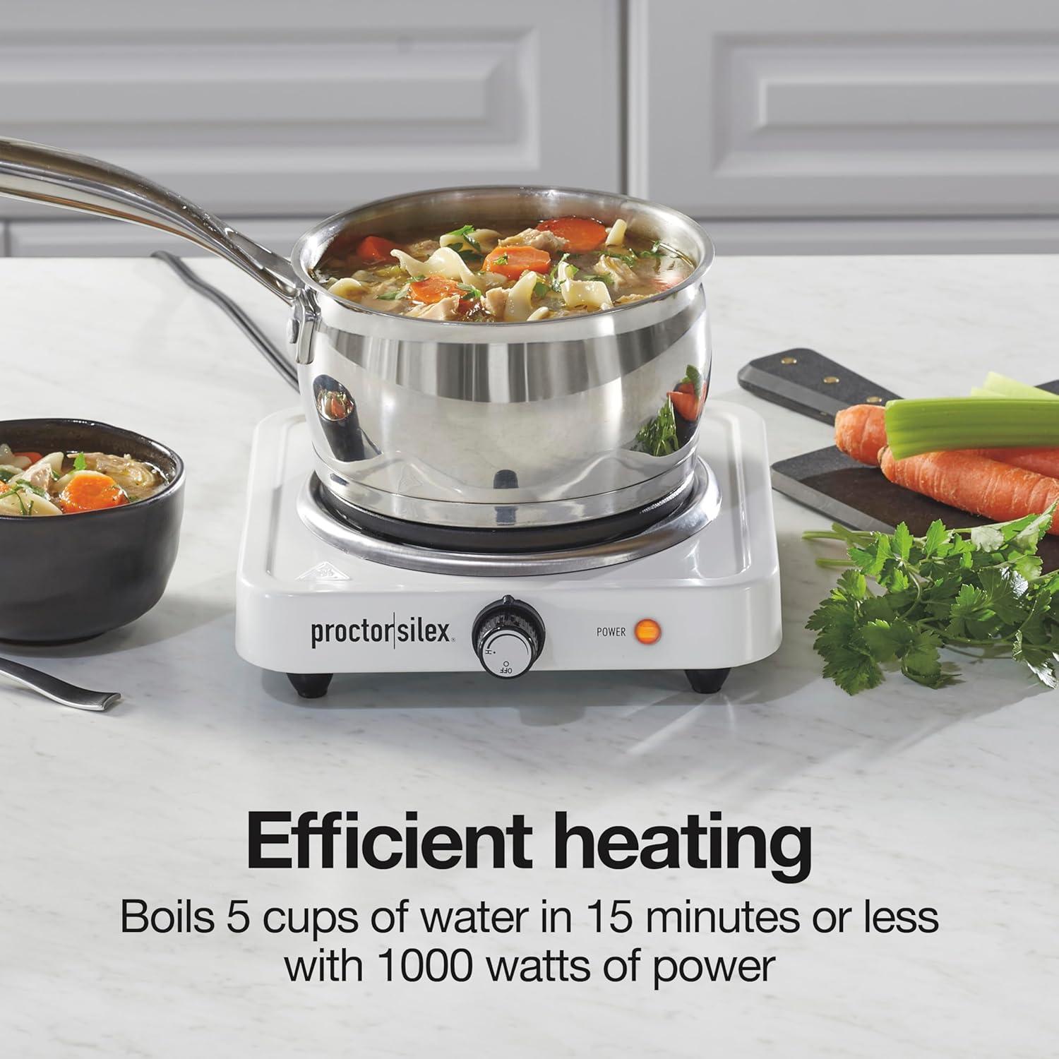 imageProctor Silex Portable Electric Stove Cast Iron Single Burner Cooktop Compact Adjustable Temperature Hot Plate 1000 Watts White 34107White