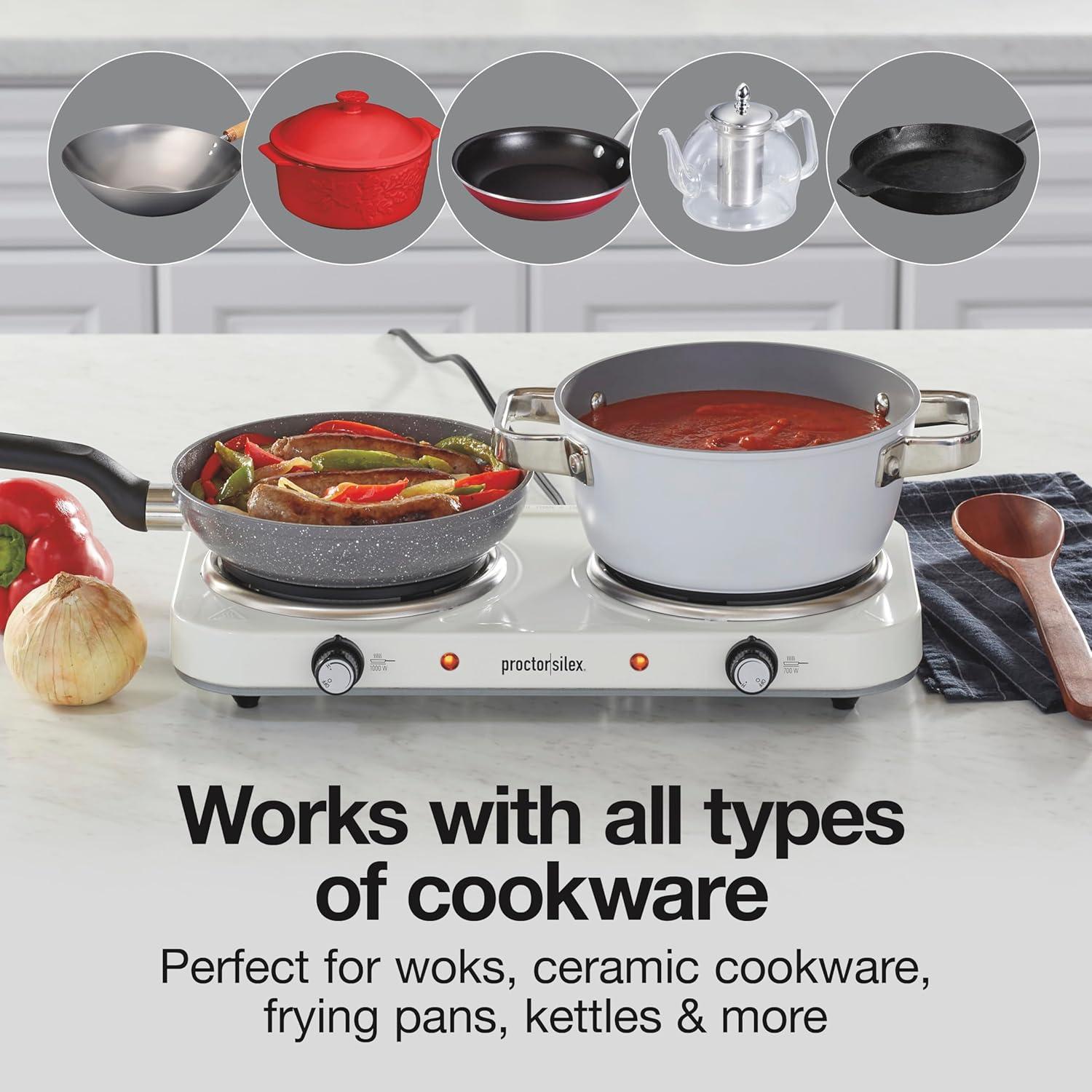 imageProctor Silex Portable Electric Stove Cast Iron Single Burner Cooktop Compact Adjustable Temperature Hot Plate 1000 Watts White 34107White