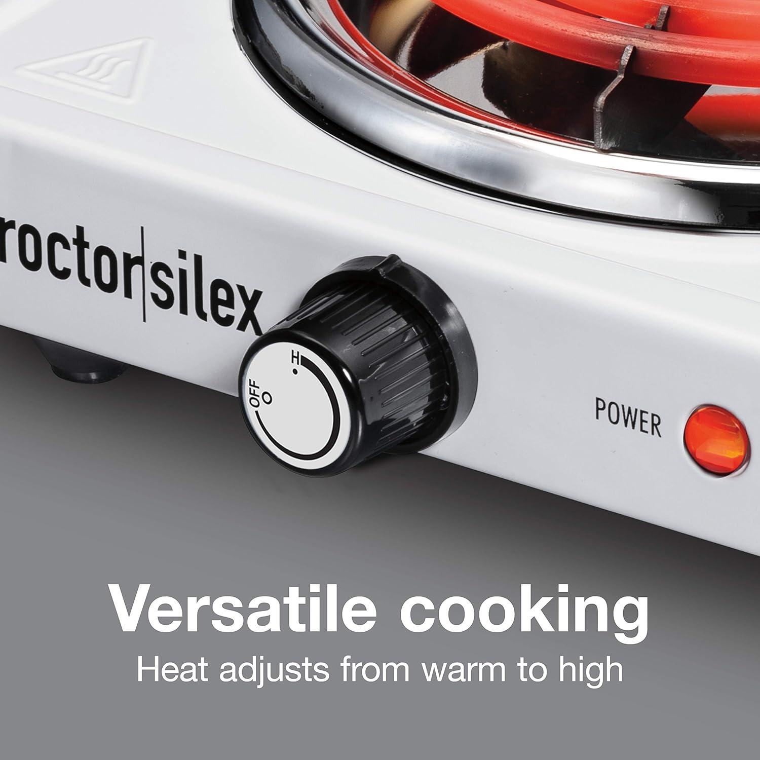 imageProctor Silex Portable Electric Stove Cast Iron Single Burner Cooktop Compact Adjustable Temperature Hot Plate 1000 Watts White 34107White