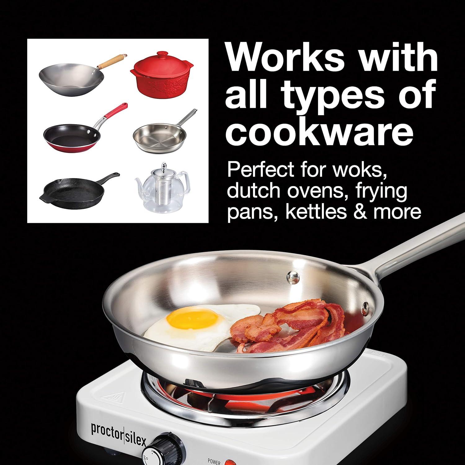 imageProctor Silex Portable Electric Stove Cast Iron Single Burner Cooktop Compact Adjustable Temperature Hot Plate 1000 Watts White 34107White
