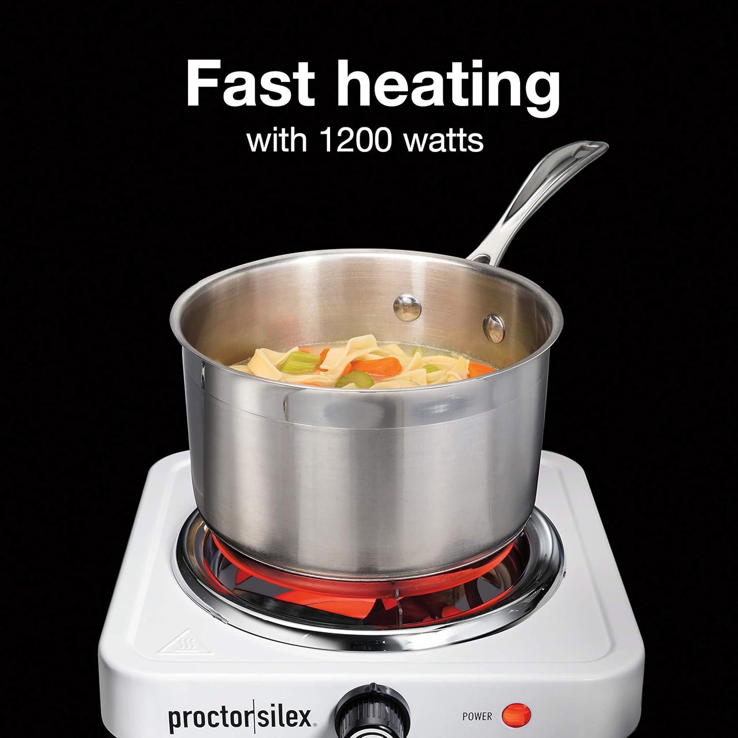 imageProctor Silex Portable Electric Stove Cast Iron Single Burner Cooktop Compact Adjustable Temperature Hot Plate 1000 Watts White 34107White