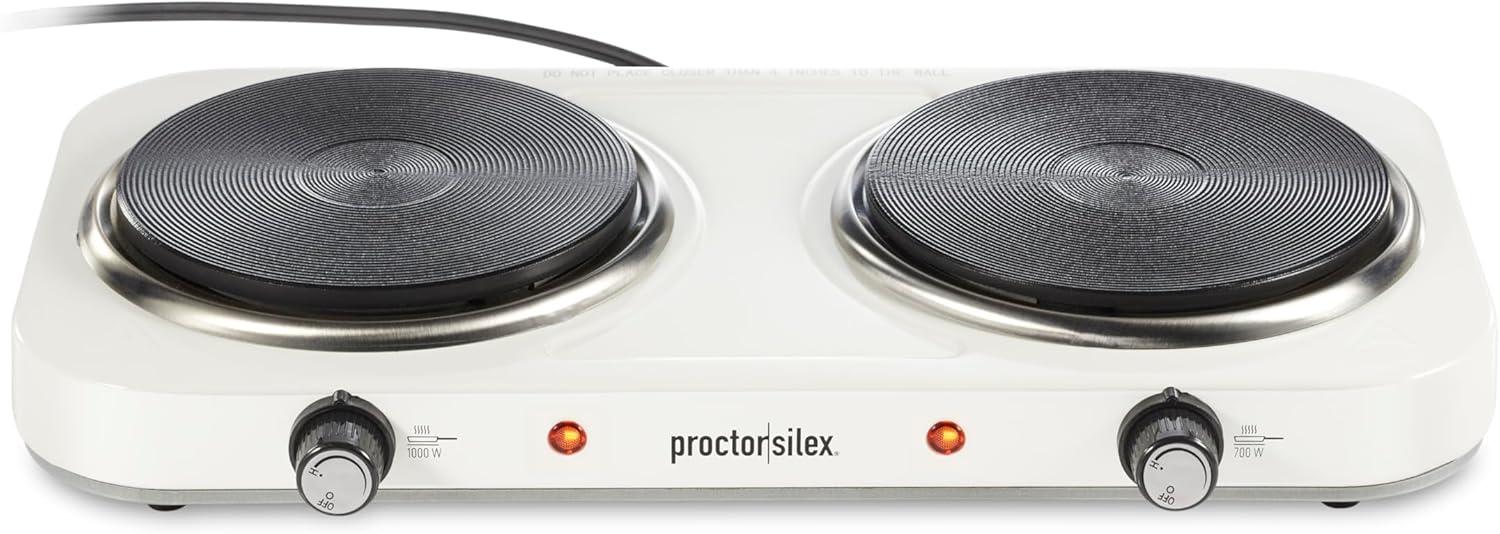 imageProctor Silex Portable Electric Stove Cast Iron Single Burner Cooktop Compact Adjustable Temperature Hot Plate 1000 Watts White 34107White