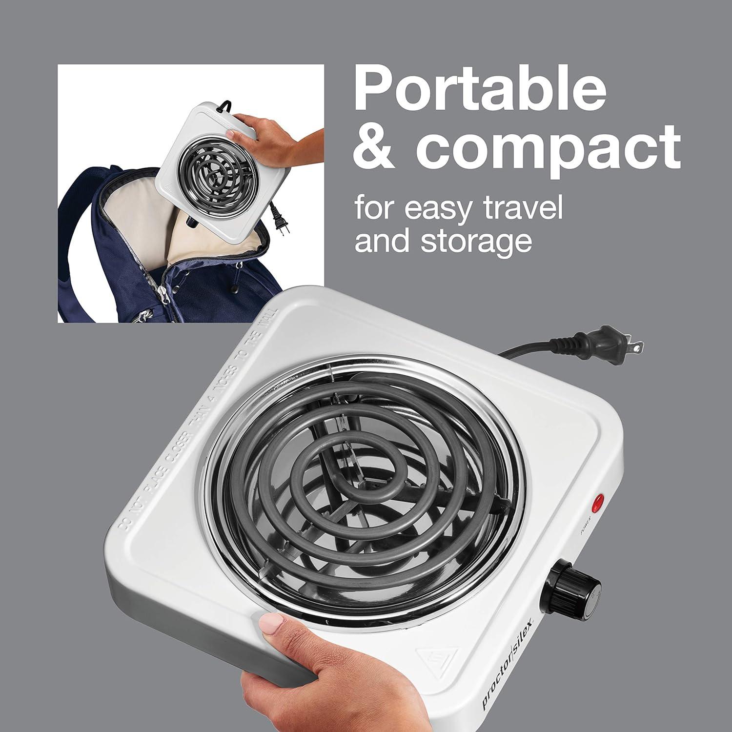 imageProctor Silex Portable Electric Stove Cast Iron Single Burner Cooktop Compact Adjustable Temperature Hot Plate 1000 Watts White 34107White
