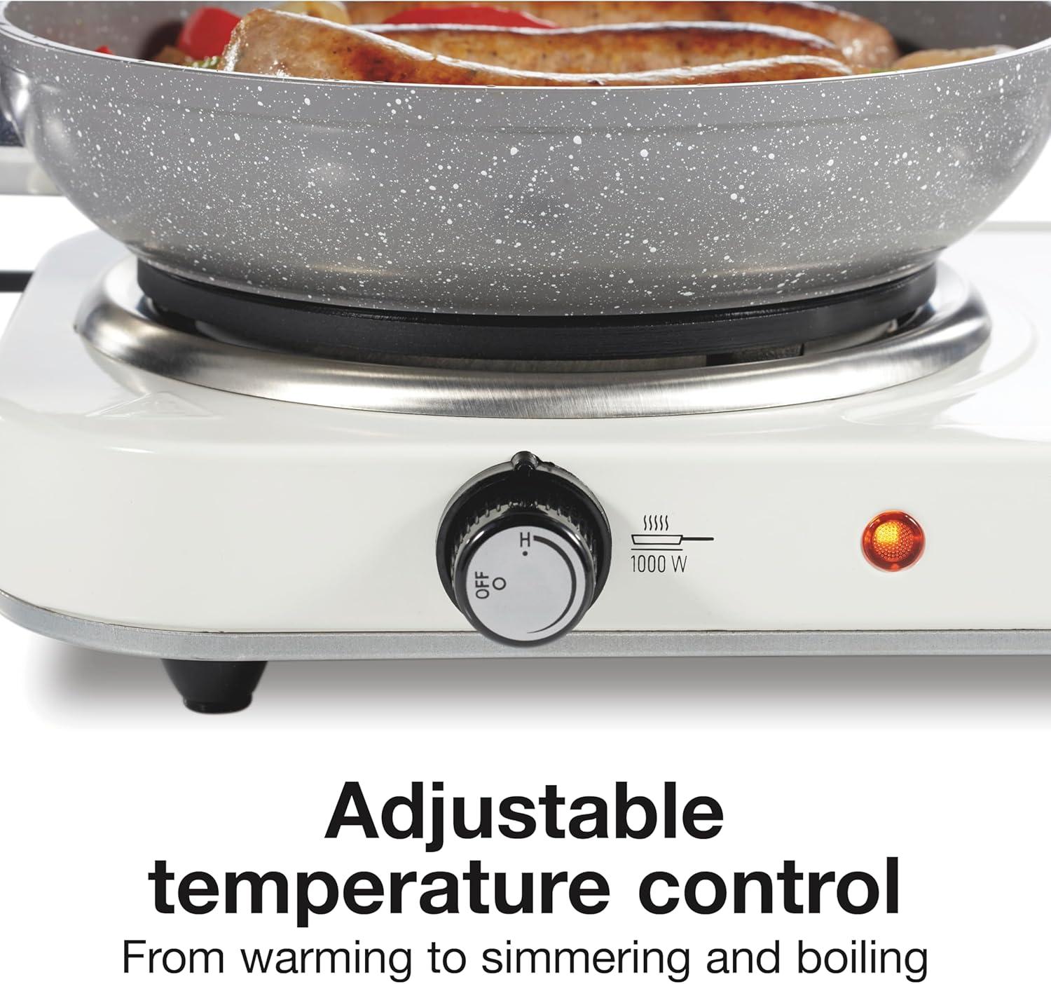 imageProctor Silex Portable Electric Stove Cast Iron Single Burner Cooktop Compact Adjustable Temperature Hot Plate 1000 Watts White 34107White