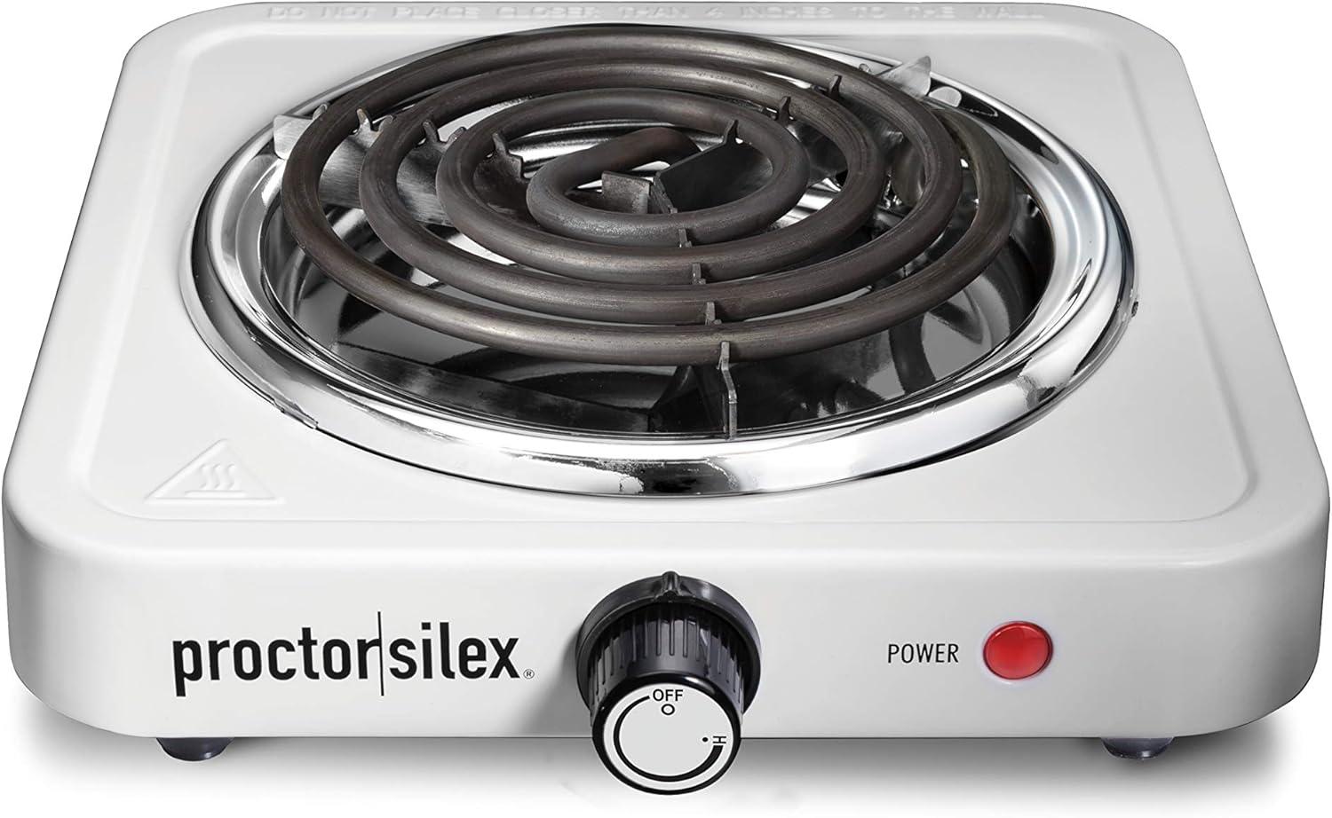 imageProctor Silex Portable Electric Stove Cast Iron Single Burner Cooktop Compact Adjustable Temperature Hot Plate 1000 Watts White 34107White
