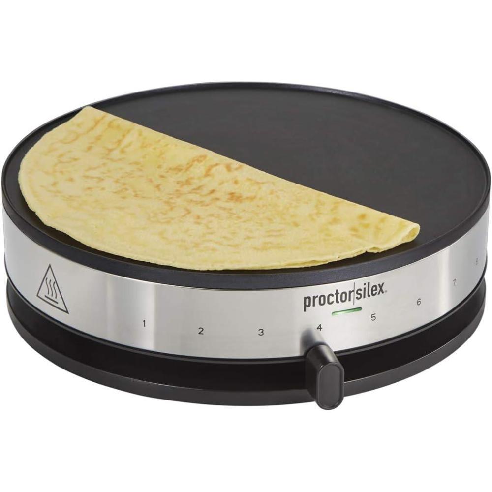 imageProctor Silex Electric Crepe Maker with 13 PFASFree Nonstick Griddle for Eggs Pancakes Omelets and Quesadillas with Temperature Control Spatula Spreader Batter Cup Stainless Steel 38400MN