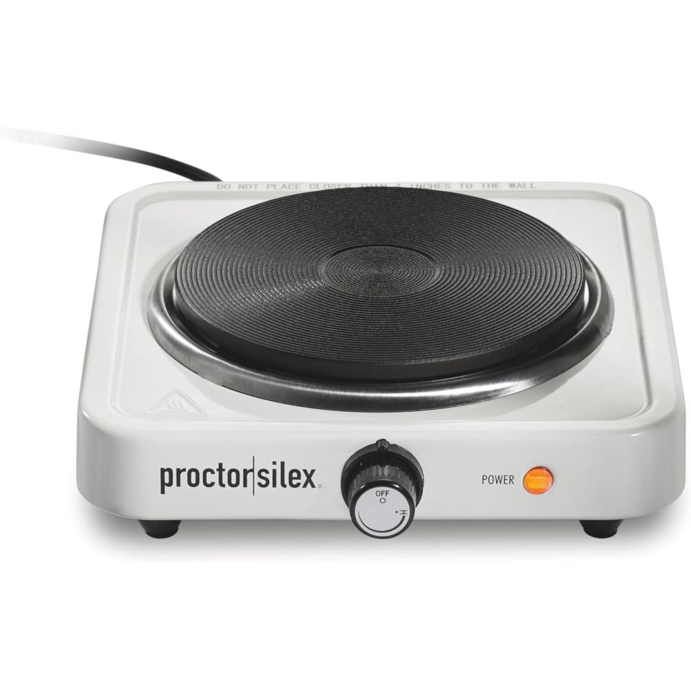imageProctor Silex Portable Electric Stove Cast Iron Single Burner Cooktop Compact Adjustable Temperature Hot Plate 1000 Watts White 34107White