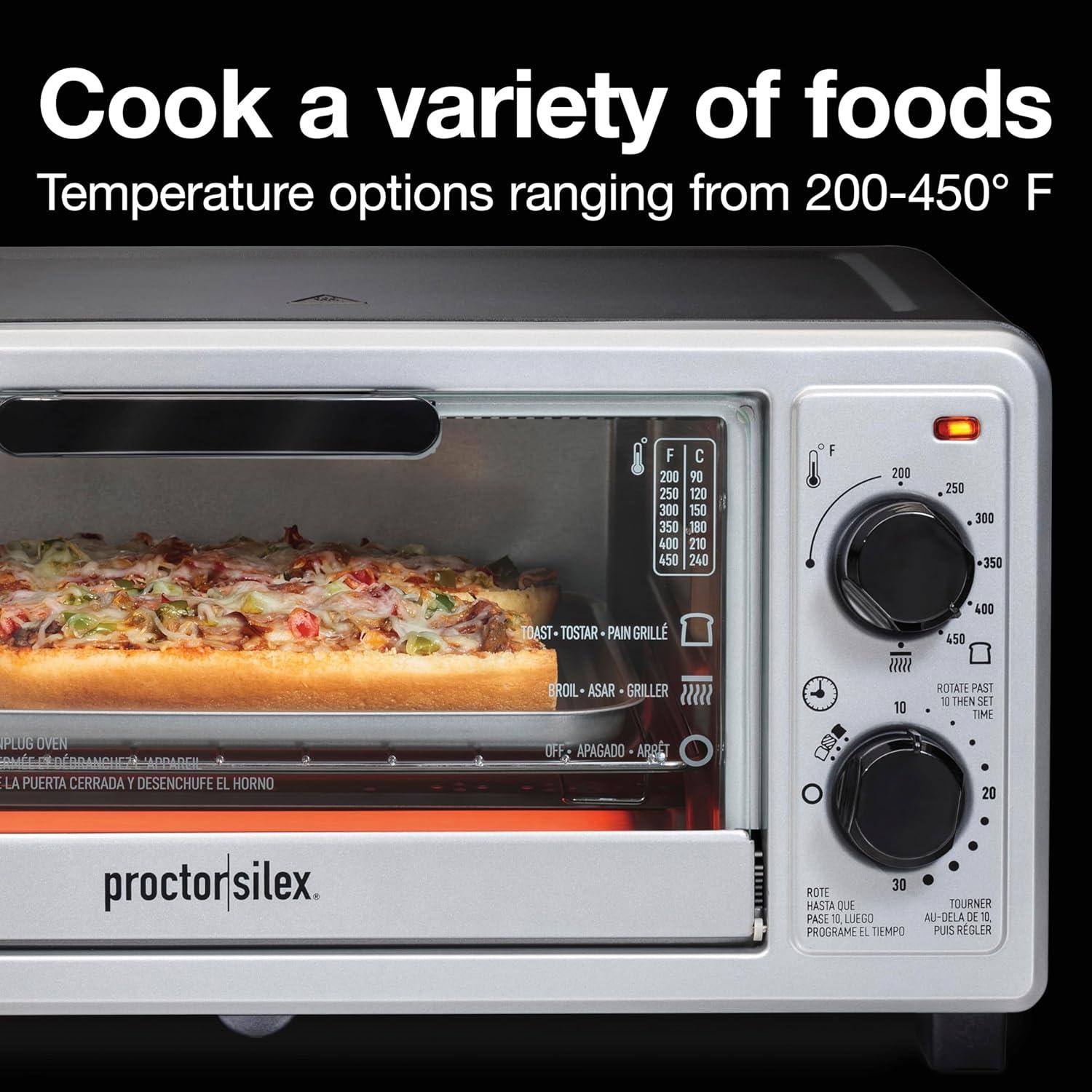 imageProctor Silex 4 Slice Countertop Toaster Oven MultiFunction with Bake Toast and Broiler 1100 Watts 30 min timer and autoshutoff Includes Backing Pan and Rack Black and Silver 31260