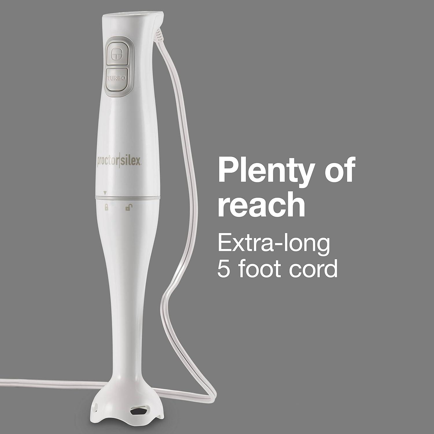 imageProctor Silex Electric Immersion Blender with Detachable Dishwasher Safe Handheld Hand Blender Stick 2Speeds 150 Watts White 59739150 Watts