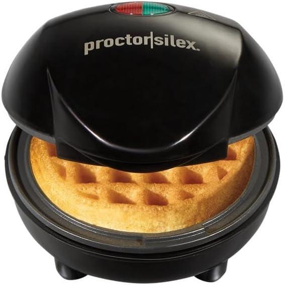 imageProctor Silex Mini Waffle Maker Machine with 4 Round Nonstick Grids Make Personalized Individual Breakfast Keto Chaffles and Hashbrowns Compact Black 26100Single Compartment