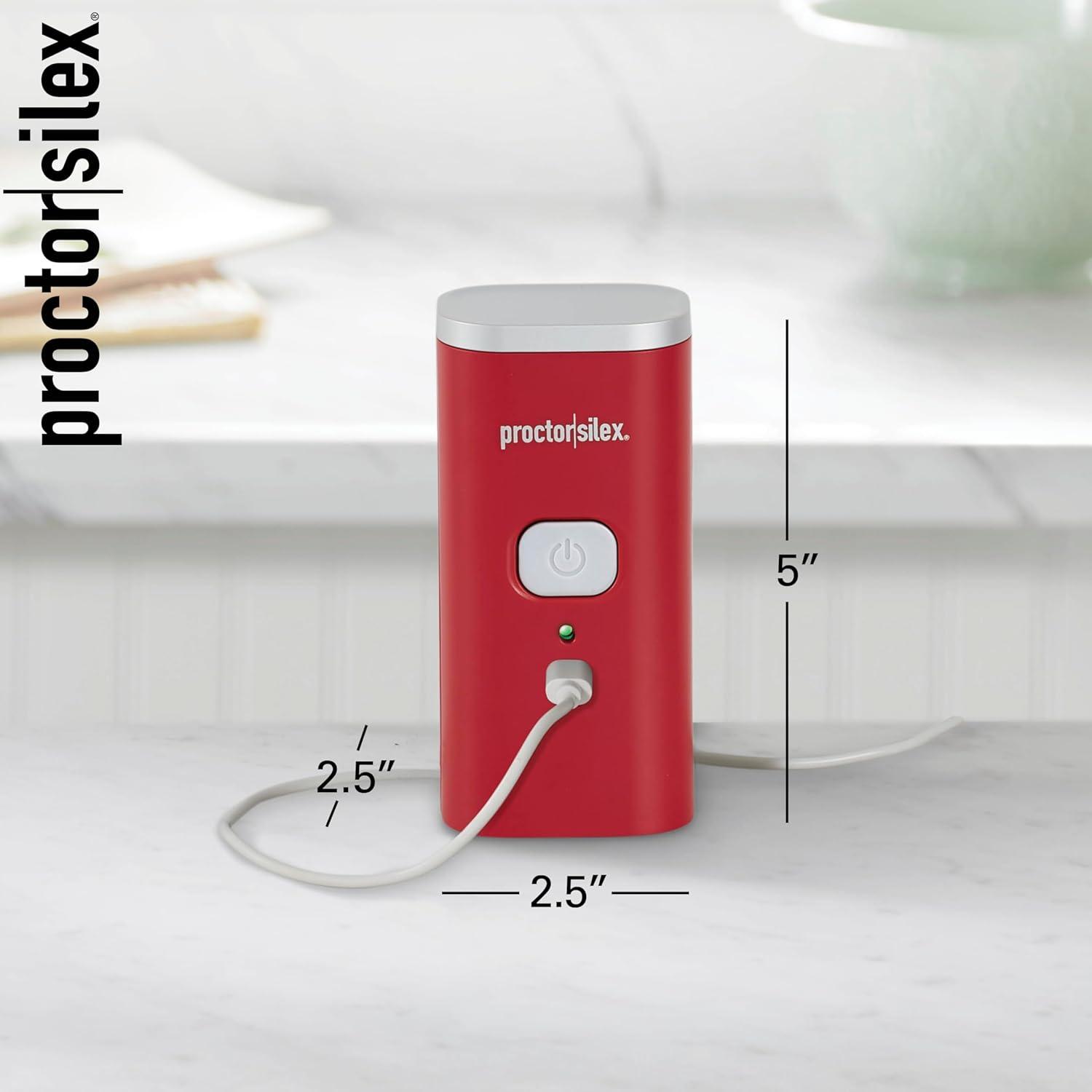 imageProctor Silex Automatic Electric Can Opener Hands Free Cordless Operation amp USB Rechargeable SelfAligning Cut Smooth Touch Lid Edges Compact and Easy to Store RedRed