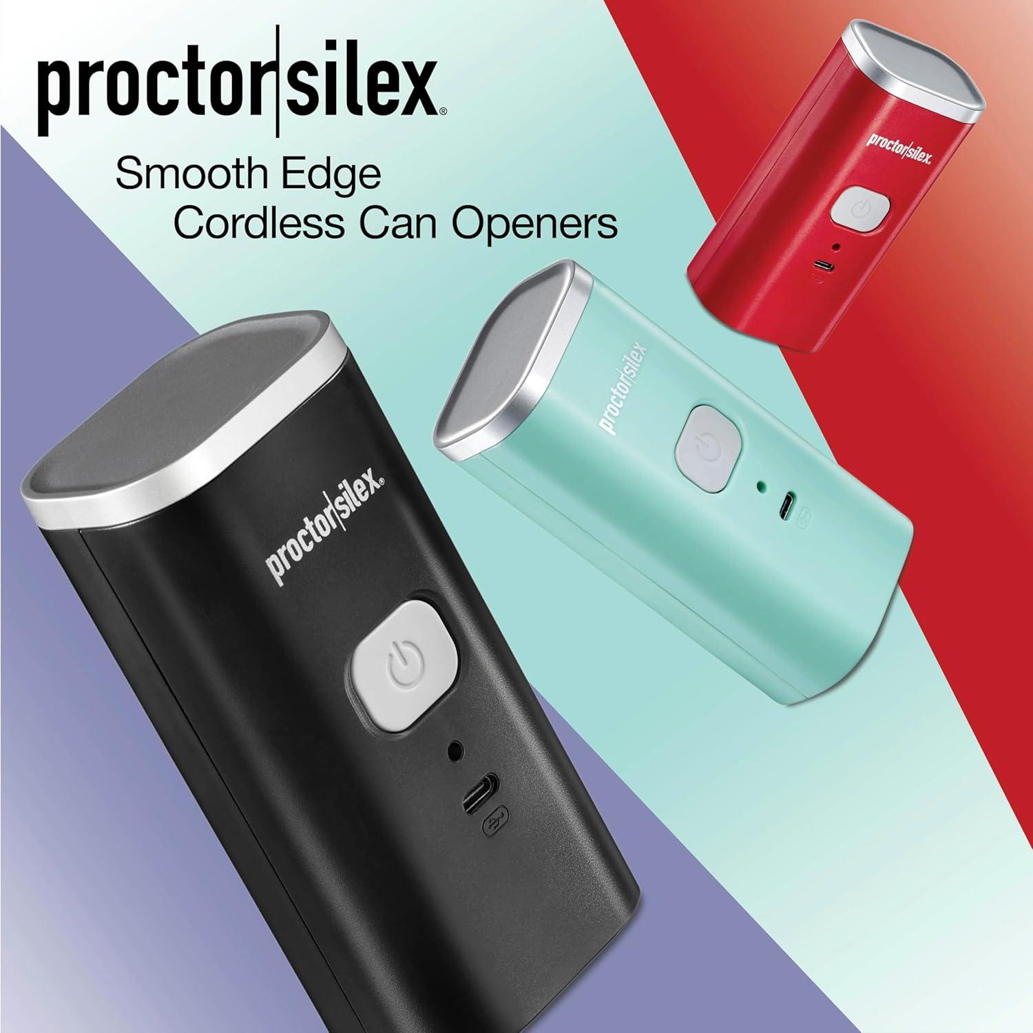 imageProctor Silex Automatic Electric Can Opener Hands Free Cordless Operation amp USB Rechargeable SelfAligning Cut Smooth Touch Lid Edges Compact and Easy to Store RedRed