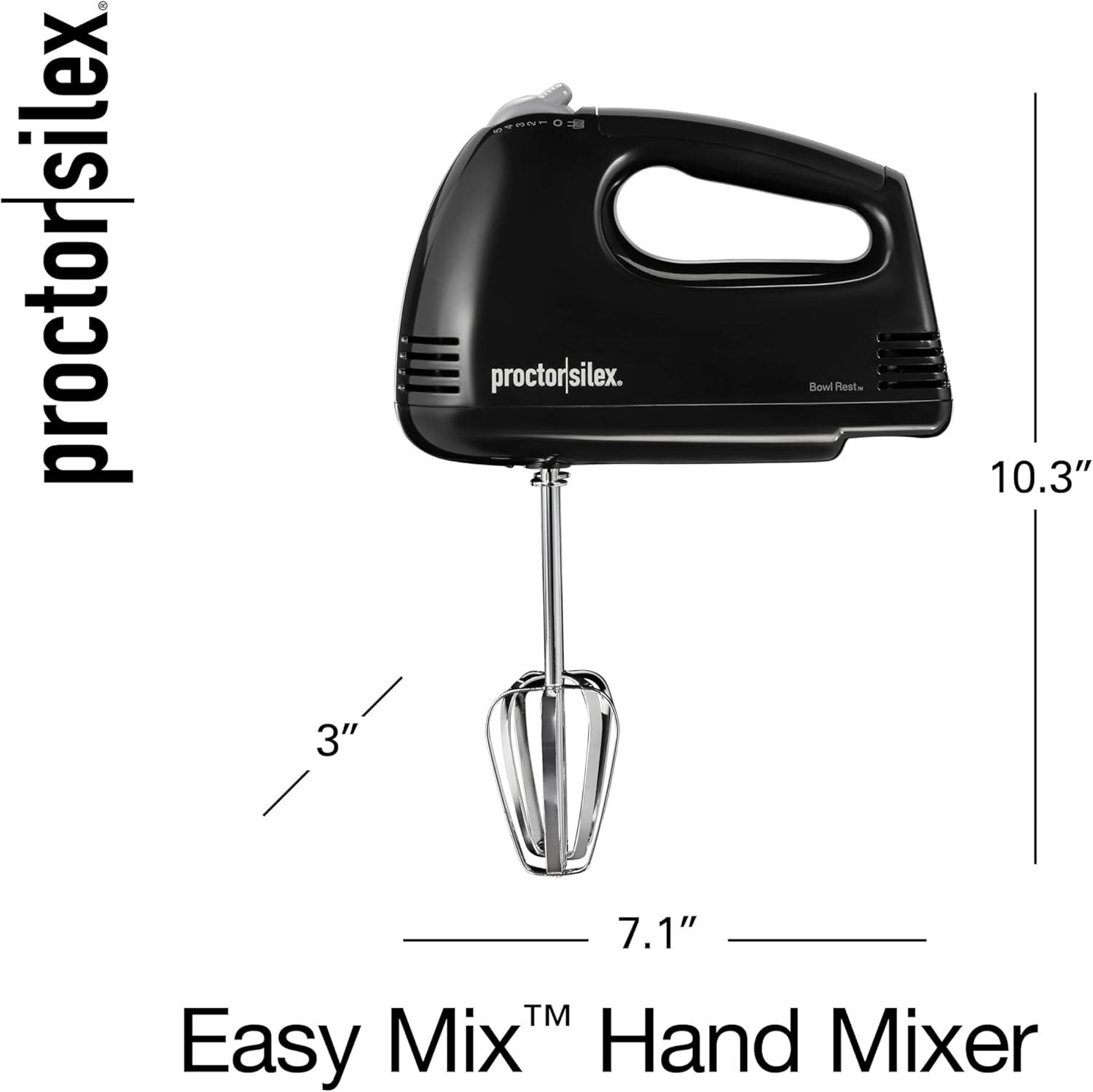 imageProctor Silex Easy Mix 5Speed Electric Hand Mixer with Bowl Rest Compact and Lightweight 100 Watts of Peak Power White 62515PSBlack