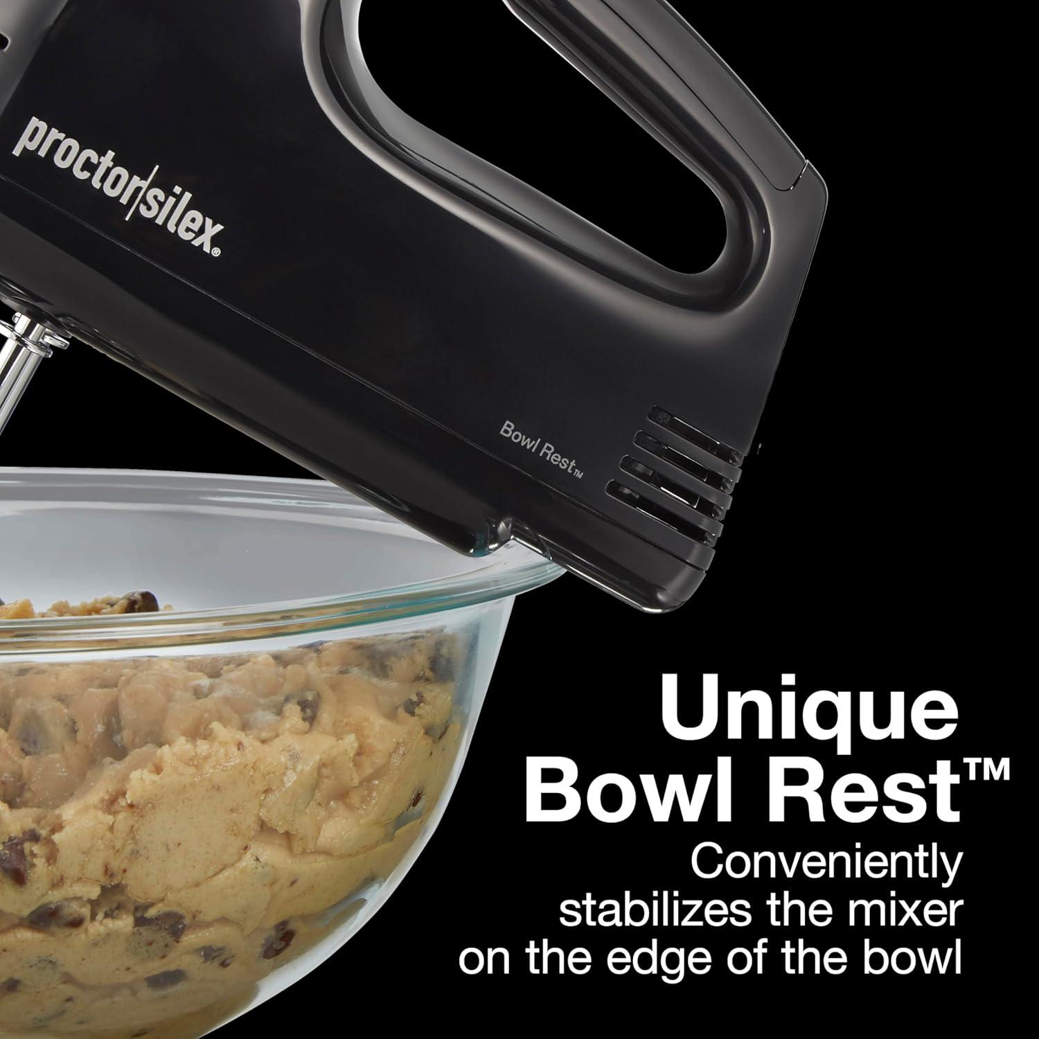 imageProctor Silex Easy Mix 5Speed Electric Hand Mixer with Bowl Rest Compact and Lightweight 100 Watts of Peak Power White 62515PSBlack