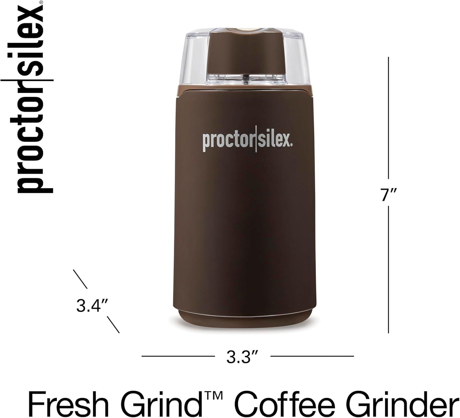 imageProctor Silex Electric Coffee Grinder for Beans Spices and More Stainless Steel Blades 12 Cups WhiteBrown