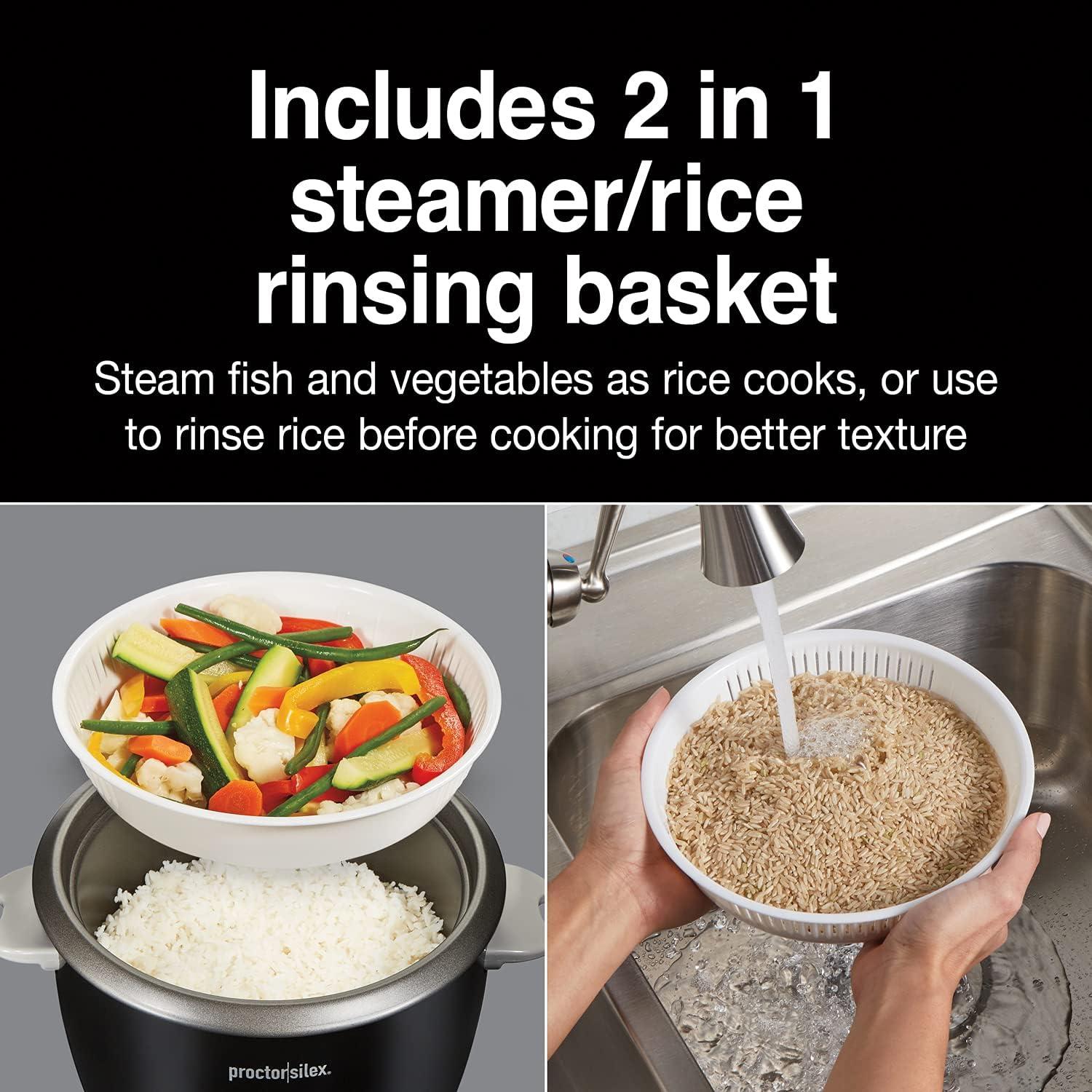 imageProctor Silex Rice Cooker amp Food Steamer 6 Cups Cooked 3 Cups Uncooked Includes Steam and Rinsing Basket Black 37510Black