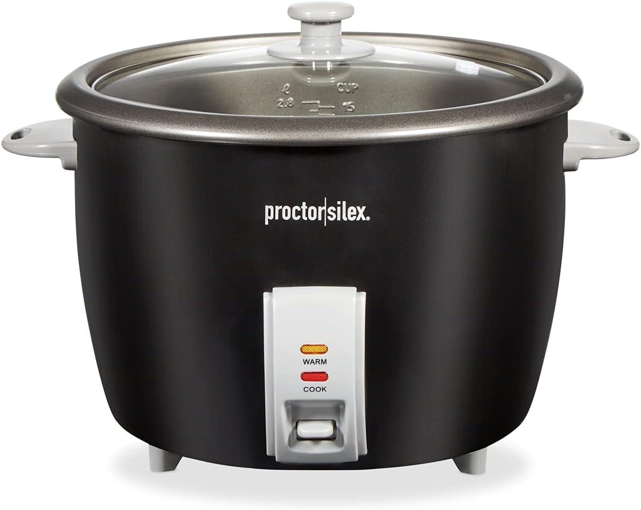 imageProctor Silex Rice Cooker amp Food Steamer 6 Cups Cooked 3 Cups Uncooked Includes Steam and Rinsing Basket Black 37510Black