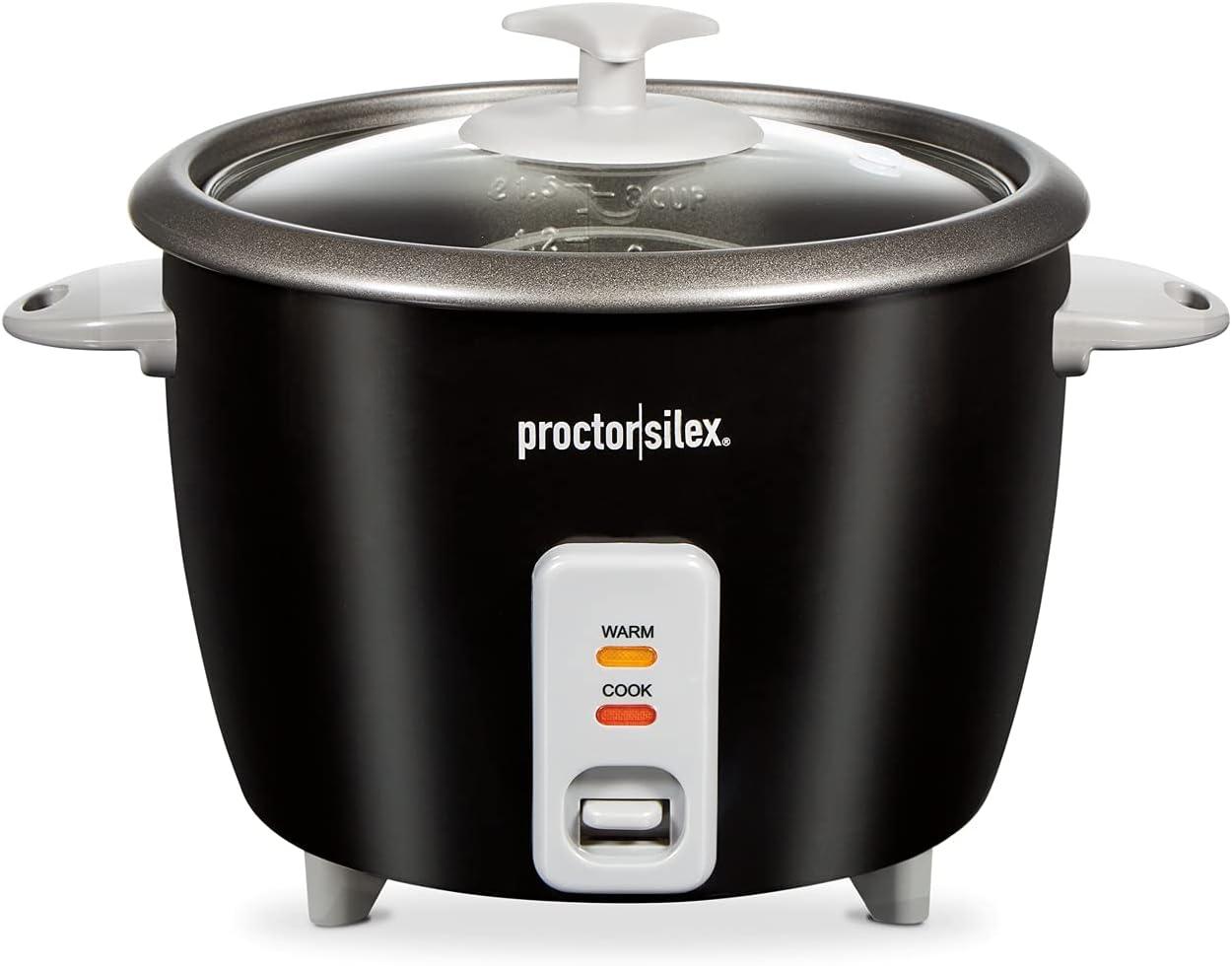 imageProctor Silex Rice Cooker amp Food Steamer 6 Cups Cooked 3 Cups Uncooked Includes Steam and Rinsing Basket Black 37510Black