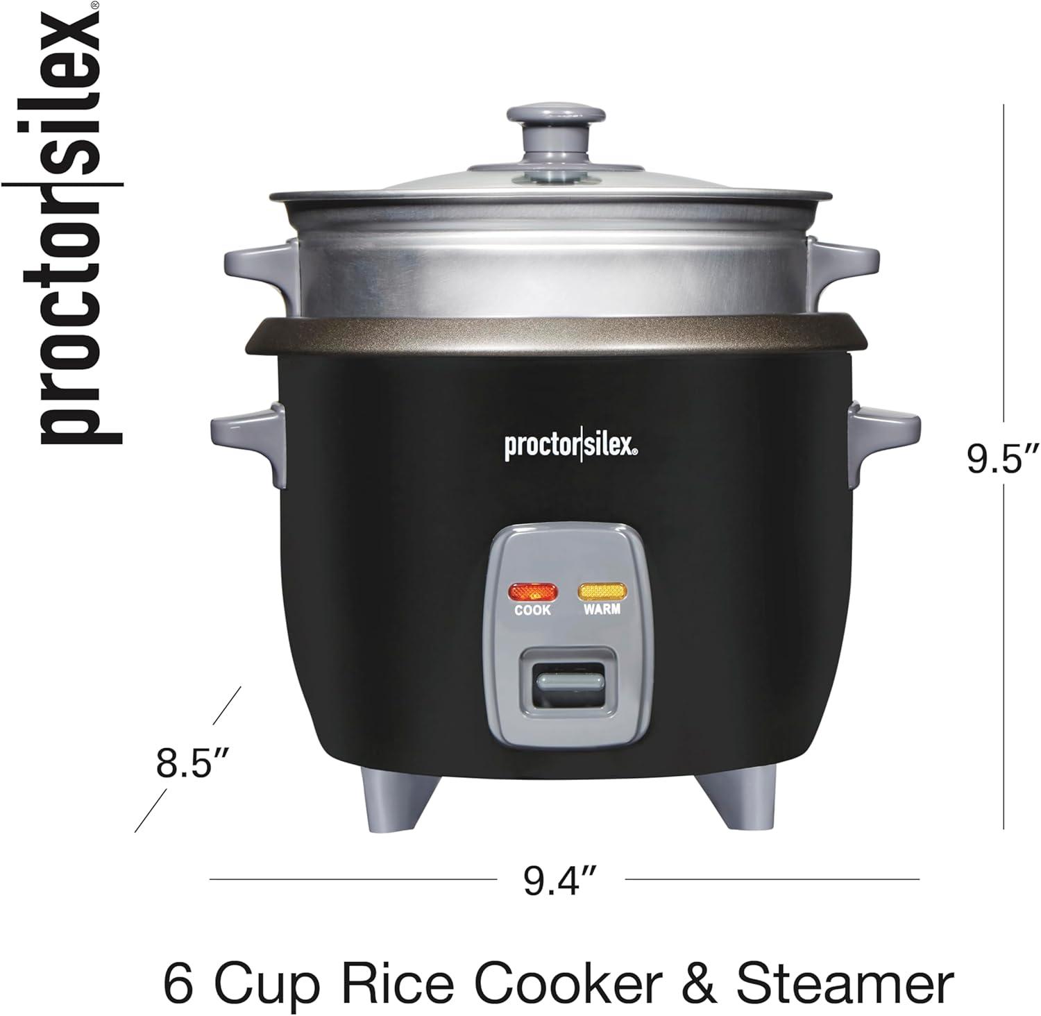 imageProctor Silex Rice Cooker amp Food Steamer 6 Cups Cooked 3 Cups Uncooked Includes Steam and Rinsing Basket Black 37510Black