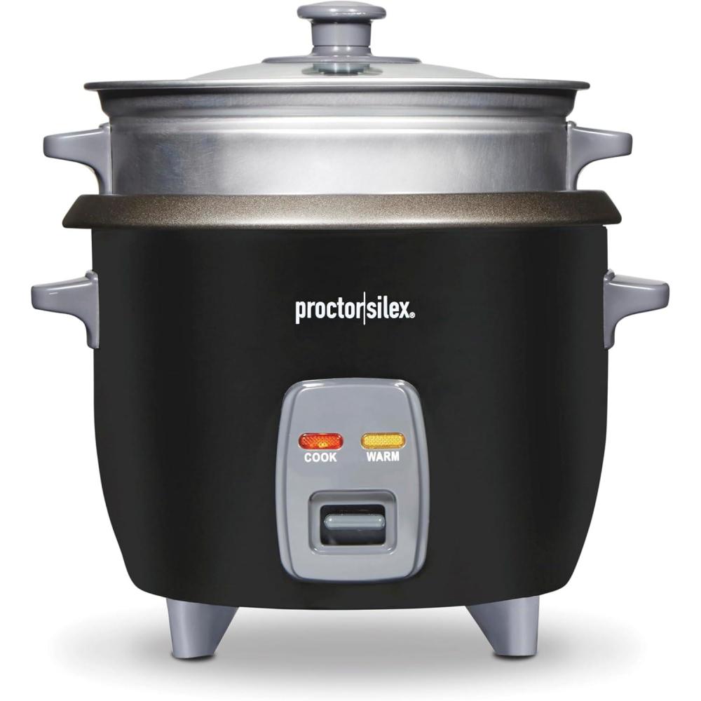 imageProctor Silex Rice Cooker amp Food Steamer 6 Cups Cooked 3 Cups Uncooked Includes Steam and Rinsing Basket Black 37510Black