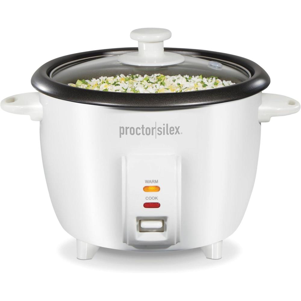imageProctor Silex Rice Cooker amp Food Steamer 6 Cups Cooked 3 Cups Uncooked Includes Steam and Rinsing Basket Black 37510White