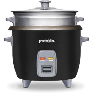 Proctor Silex Rice Cooker & Food Steamer, 6 Cups Cooked (3 Cups Uncooked), Includes Steam and Rinsing Basket, Black (37510)(Black)